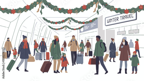 Diverse travelers with luggage at a festive winter airport terminal.