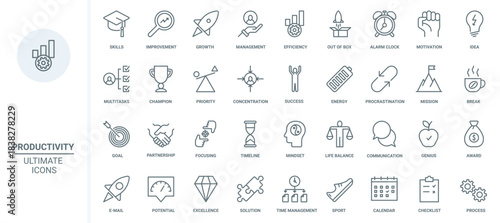 Productivity, skill growth, self improvement thin line icons set vector illustration. Abstract outline education and business training for staff, development and multitasking, concentration on mission