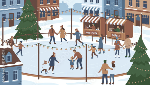 Festive winter market scene with families and couples ice skating outdoors