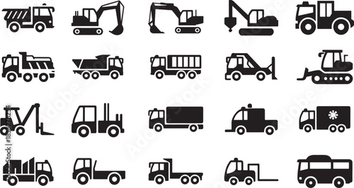 Heavy Construction and Industrial Vehicles Black Silhouette Icons