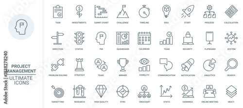 Creative business strategy, project management thin line icons set vector illustration. Outline idea and plan for startup launch, success vision and solution of problem solving and finance investment