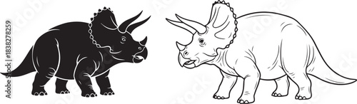 Triceratops Silhouette. Triceratops simple black and white line art vector
