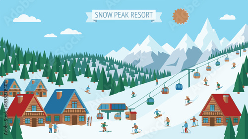 Vibrant winter ski resort scene with mountains, skiers, ski lifts, and cabins