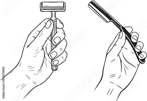 Shaving Razor and Straight Razor in Hand Vector Drawing, Vintage engraved straight razor illustration with detailed handle and blade,