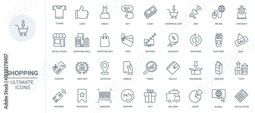 Online business, retail store thin line icons set vector illustration. Outline bag and cart for shopping on sales, review and advertising technology, discounts and coupon to buy, money payment
