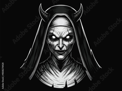 Chilling depiction of a malevolent nun with demonic horns and glowing ominous eyes