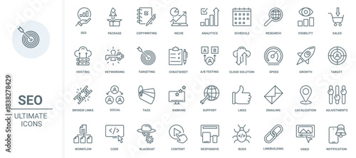 SEO, business technology thin line icons set vector illustration. Outline social media analytics and internet network, mobile app symbols, copywriting and niche research, likes for content and links