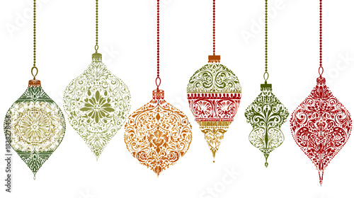 Elegant Ornate Christmas Ornaments Set in Vintage Style. Decorative Holiday Baubles with Intricate Patterns on White.