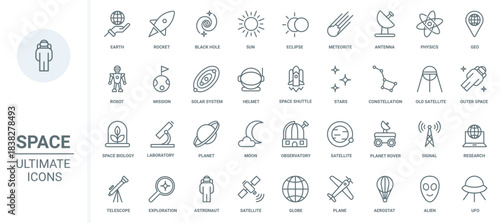 Space travel, universe research technology thin line icons set vector illustration. Abstract outline astronaut and spaceship, moon and solar system planets, futuristic observatory and telescope