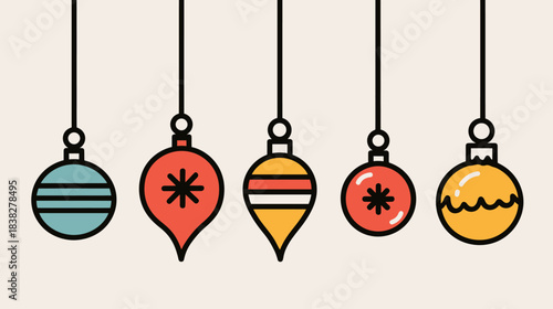 Retro Christmas Ornaments Hanging. Set of Colorful Vintage Holiday Baubles. Minimalist Festive Season Decoration Illustration.