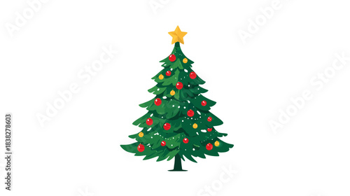 Festive Christmas tree illustration with golden star topper and colorful baubles, isolated on white background for holiday designs
