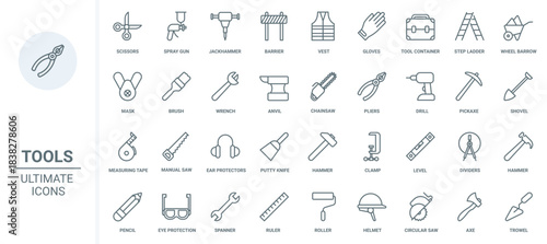 Construction diy tools and equipment for carpentry, building and repair work thin line icons set vector illustration. Abstract outline safety helmet and vest for worker, spanner and hammer, paint