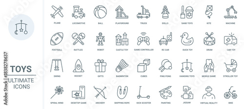 Toys for kids thin line icons set vector illustration. Outline baby stroller and rattle gift, mobile app and desktop computer games, sand castle and ball to play on playground, kite and swing