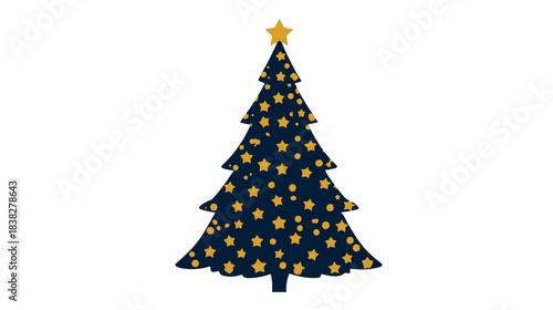 Elegant Dark Blue Christmas Tree Adorned with Golden Stars and Topper, Festive Holiday Season Decoration Illustration