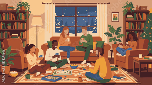 Diverse group of friends enjoying games and drinks in a cozy winter home