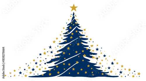 Stylized Blue Christmas Tree with Golden Stars and Radiant Topper - Festive Holiday Design Element