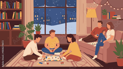 Cozy winter evening: Friends playing board and card games indoors at home