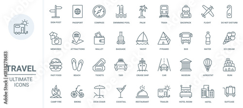 Travel thin line icons set vector illustration. Outline tourist cruise collection with international passport, beach pool and suitcase, tickets for museum and architecture attraction, camera and map