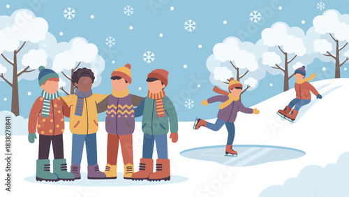 Happy children playing outdoors in a snowy winter landscape with fun activities