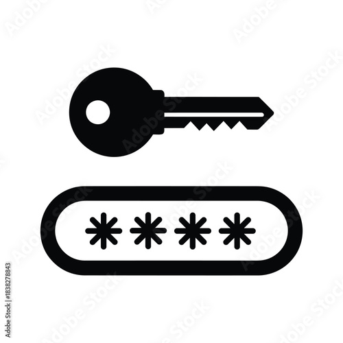 Cyber security key and password field icon, black silhouette of login access key with encrypted pin code input bar, digital privacy and data protection symbol, flat vector graphic eps asset