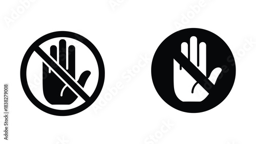 Do not touch icons set, minimal line and solid prohibition hand symbols
