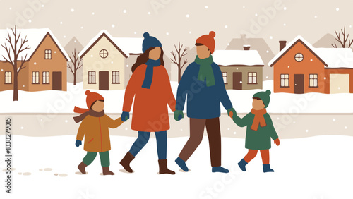 Family strolls together in a charming snowy village scene during winter