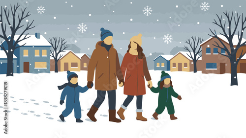 Family walking in a snowy winter village scene with bare trees and houses