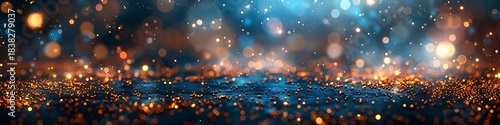 Panoramic Bokeh Lights Abstract Background with Gold and Blue Sparkles