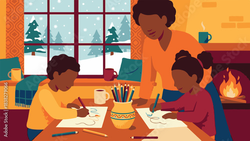 Mother and children drawing together in a cozy winter home by the fire