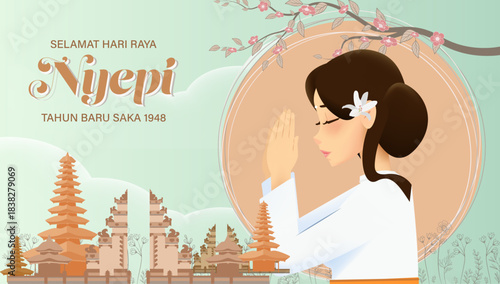 Nyepi Day Illustration with Woman Praying and Balinese Temple in Calm Pastel Landscape for Hindu Day of Silence Celebration. Translation : Bali's Day of Silence