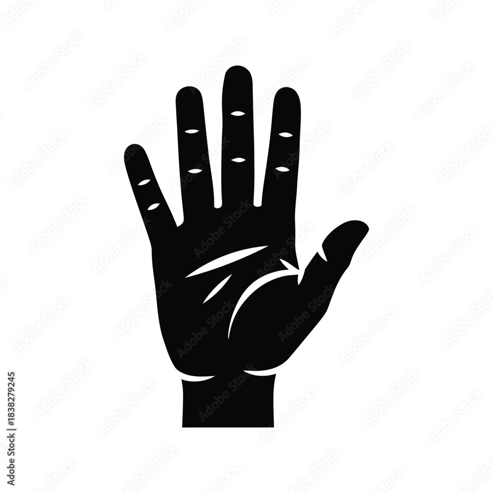 Obraz premium Minimalist black hand silhouette icon, human palm with five fingers spread open, solid dark handprint vector illustration, anatomical hand shape for communication and identity design projects