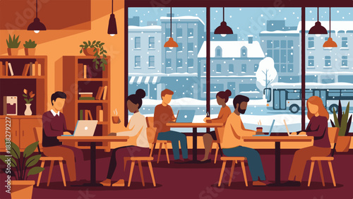 Diverse people working and relaxing in a cozy cafe with snowy city view
