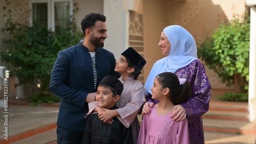 A loving family posing together happily in front of their home, creating a heartwarming scene Stock Video