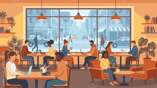 Diverse people working and enjoying coffee in a cozy winter cafe with city view