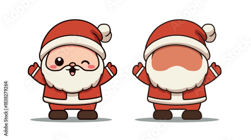 Cute Cartoon Santa Claus character with winking expression, front and back view. Festive holiday design element for Christmas.