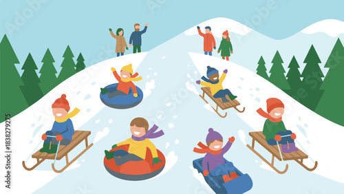 Happy children and adults enjoying winter activities like sledding and tubing