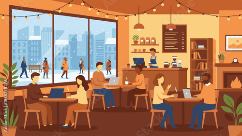 Cozy winter cafe scene with people working, socializing, and enjoying coffee