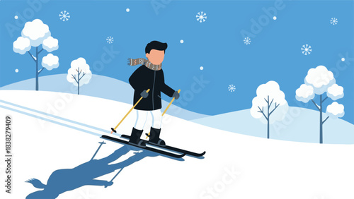 Illustration of a person skiing down a snowy slope in a winter landscape