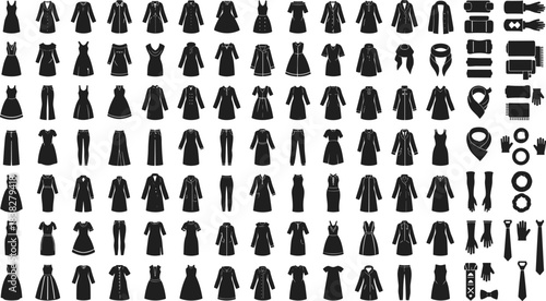Extensive Vector Set of Women's Fashion Clothes and Accessories Silhouettes Including Dresses, Coats, Skirts, Pants, and Winter Wear for Design Concepts.