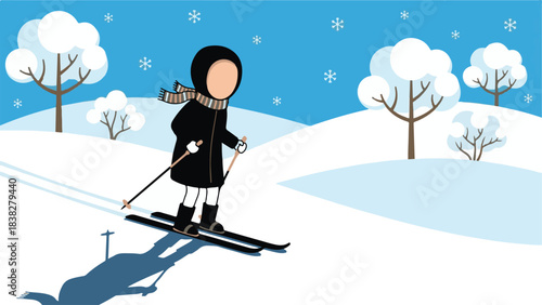 Person skiing on a snowy slope under a blue sky, winter illustration