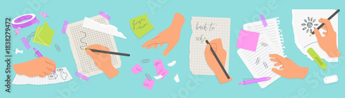 Creative hands writing on torn notebook sheets with pens, sticky notes, and office supplies, ideal for school, business, or paperwork concepts, isolated on white background vector illustration