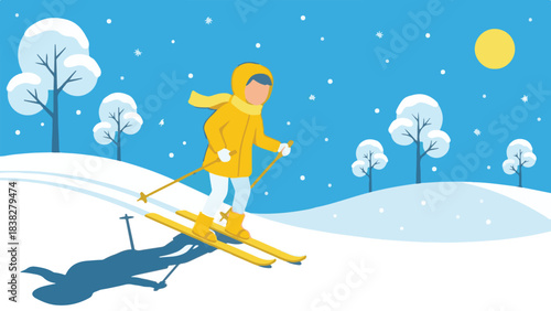 Person skiing in snowy winter landscape with trees and sun, flat illustration