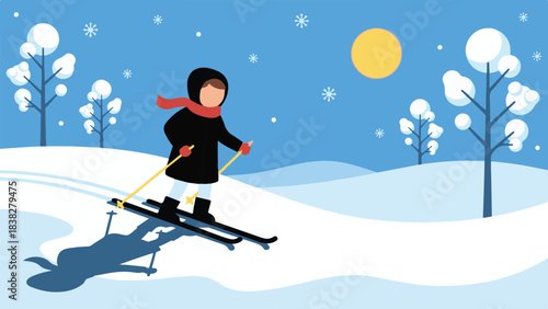 Minimalist illustration of a person skiing in a snowy winter landscape