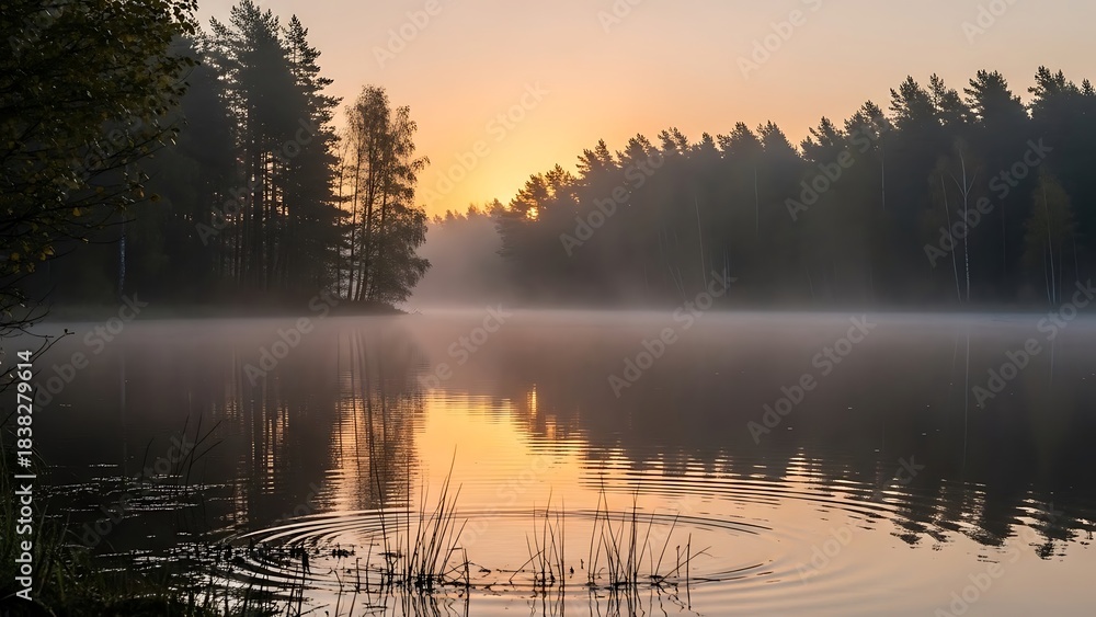 Fototapeta premium Golden Dawn Mist Blankets Tranquil Forest Lake Reflecting Silhouetted Pines and Ripples.