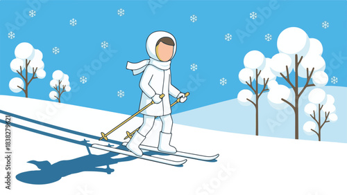 Flat design illustration of a person skiing in a winter landscape