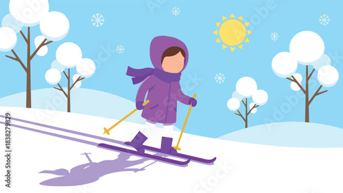 Cartoon illustration of a person skiing in a snowy winter landscape with sun