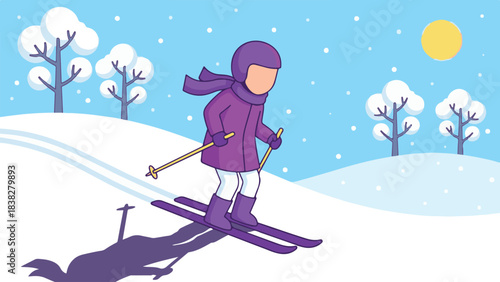 Minimalist illustration of a person skiing down a snowy hill in winter