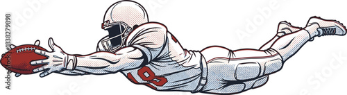 American Football Player Diving to Catch the Ball in Retro Pop Art Comic Style
