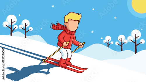 Cartoon illustration of a person skiing down a snowy mountain in winter