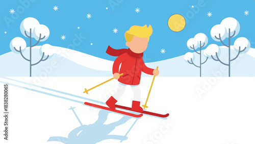 Young boy skiing in a snowy winter landscape with trees and sunshine